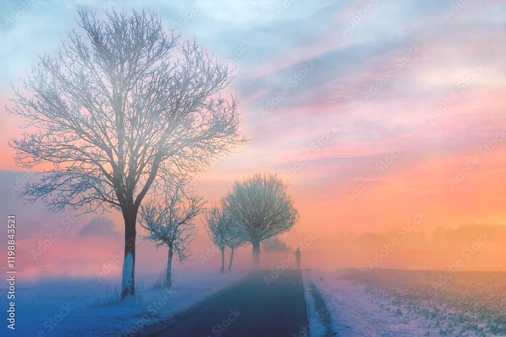 Serene winter road lined with bare trees under a vibrant colorful sunset sky and soft mist. Seasonal tranquility concept Serene winter road lined with bare trees under a vibrant colorful sunset sky and soft mist. Seasonal tranquility concept