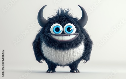 3d smiled and funny Fluffy bright monster with horns and big blue eyes, cartoon charachter standing on a bright white background photo