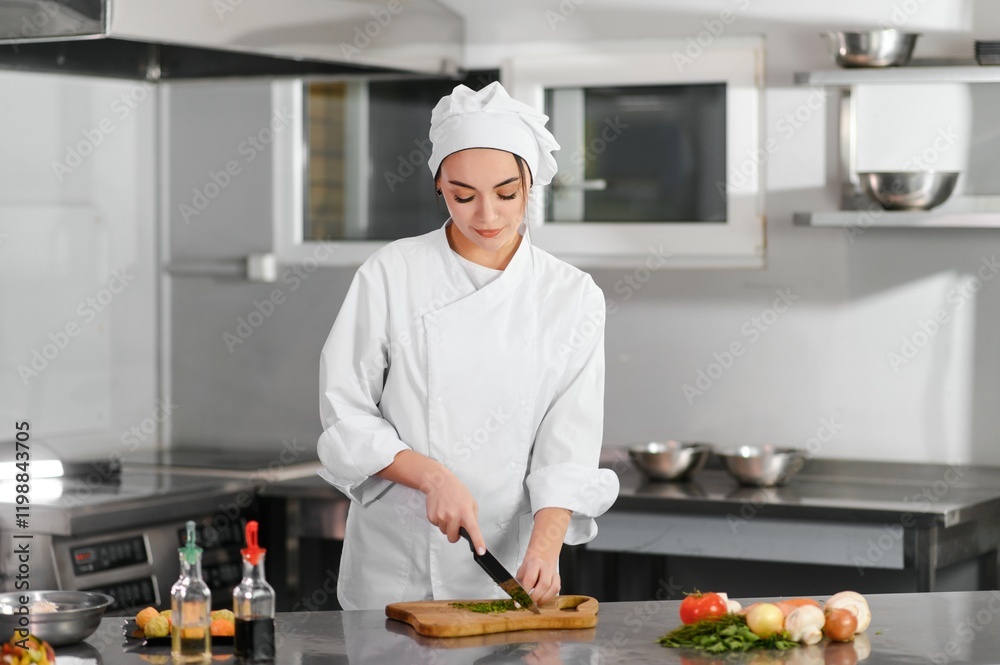 young beautiful smiling woman chef wearing in white suit at kitchen. Blurred background young beautiful smiling woman chef wearing in white suit at kitchen. Blurred background