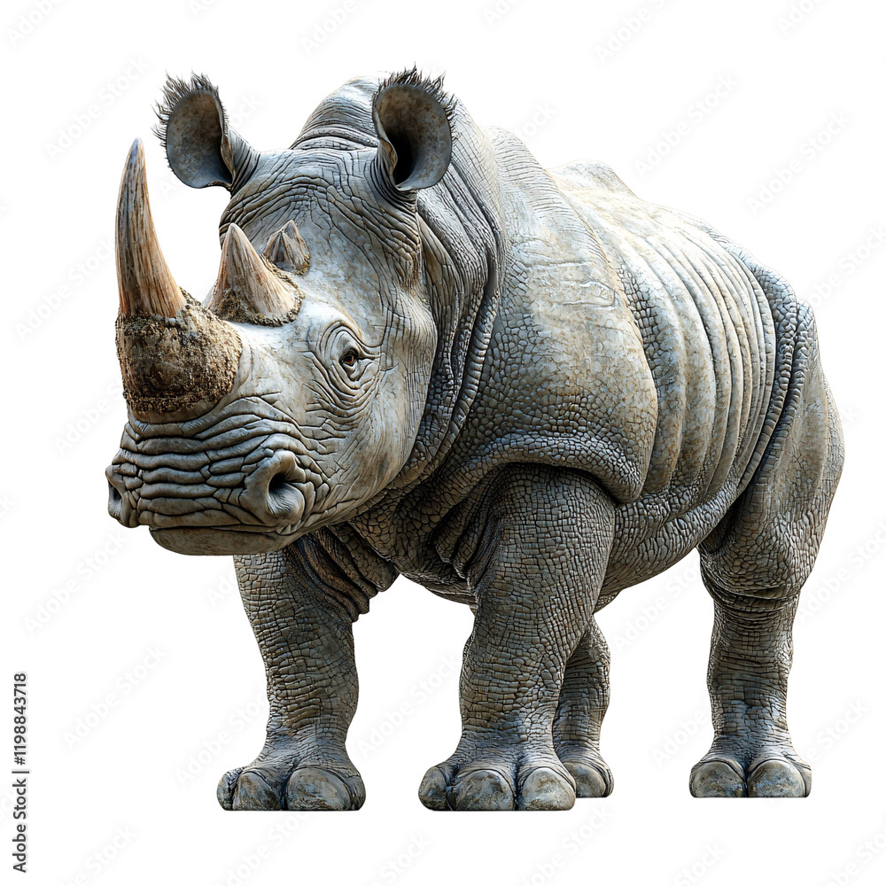Fototapeta premium A realistic illustration of a rhinoceros standing on a transparent background.