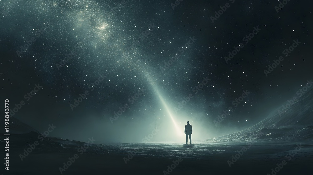 Fototapeta premium Solitary Figure Gazing at Celestial Light Beam