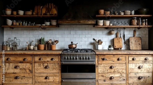 A rustic kitchen with wooden cabinets, shelves, and cooking utensils, creating a warm atmosphere.