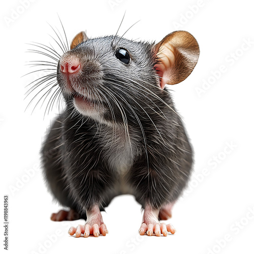 A realistic depiction of a cute, furry rat with prominent whiskers and expressive features.