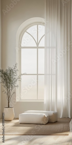 A serene minimalist interior with an arched window, soft curtains, a potted plant, and cushioned seating in natural light.