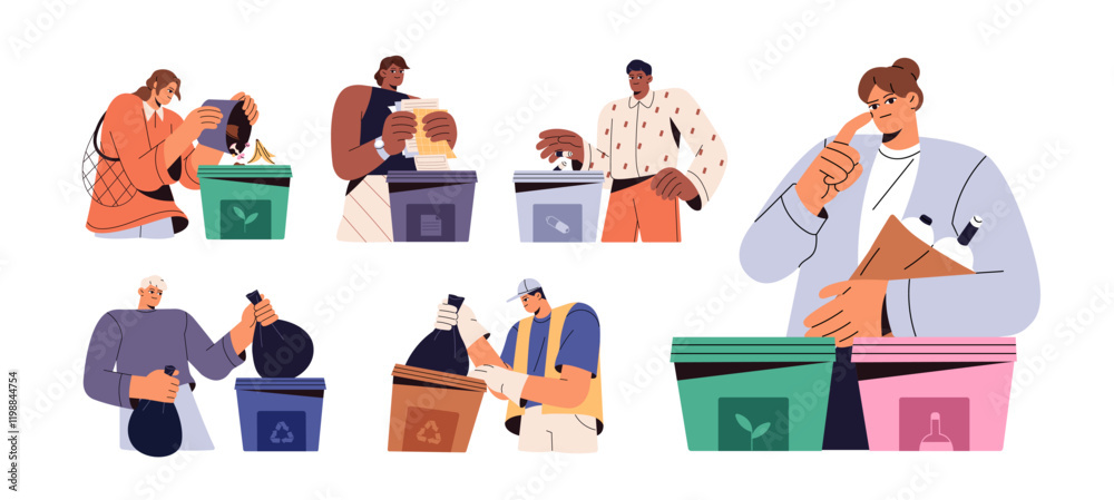 People collect garbage to recycle set. Characters separate trash by type in different containers. Men and women segregate, sorting rubbish in dumpsters. Flat isolated vector illustrations on white People collect garbage to recycle set. Characters separate trash by type in different containers. Men and women segregate, sorting rubbish in dumpsters. Flat isolated vector illustrations on white