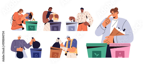 People collect garbage to recycle set. Characters separate trash by type in different containers. Men and women segregate, sorting rubbish in dumpsters. Flat isolated vector illustrations on white