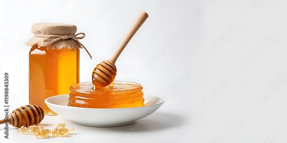 Honey in a Jar Bottle, White Background, Dripping, Organic Food Healthy