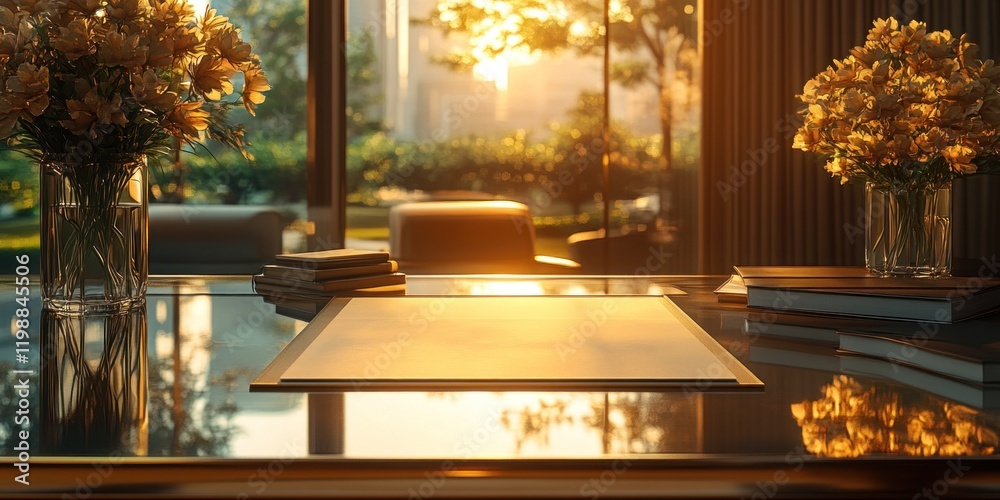 Golden Hour Desk Scene: Calm Workspace with Flowers and Books Golden Hour Desk Scene: Calm Workspace with Flowers and Books