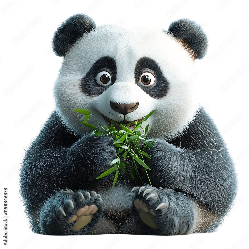 Obraz premium A cartoon panda happily munching on bamboo, showcasing a playful and cute demeanor.