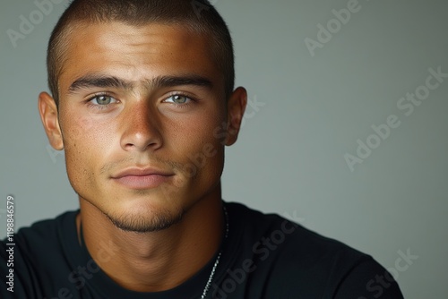 A close-up portrait of a young man with striking features and intense gaze.