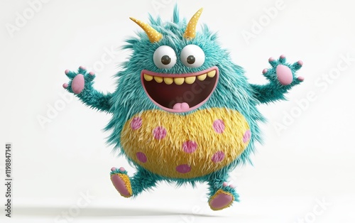 A teal-and-yellow striped 3D monster with a large fluffy belly, a navel, and pink polka dots, joyfully jumping on a white background