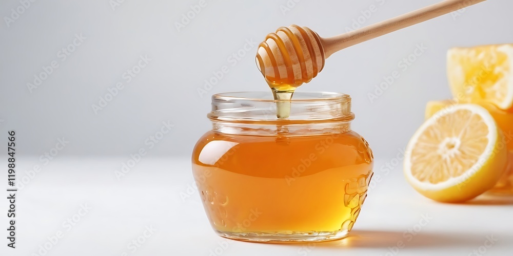Honey in a Jar Bottle, White Background, Dripping, Organic Food Healthy Honey in a Jar Bottle, White Background, Dripping, Organic Food Healthy