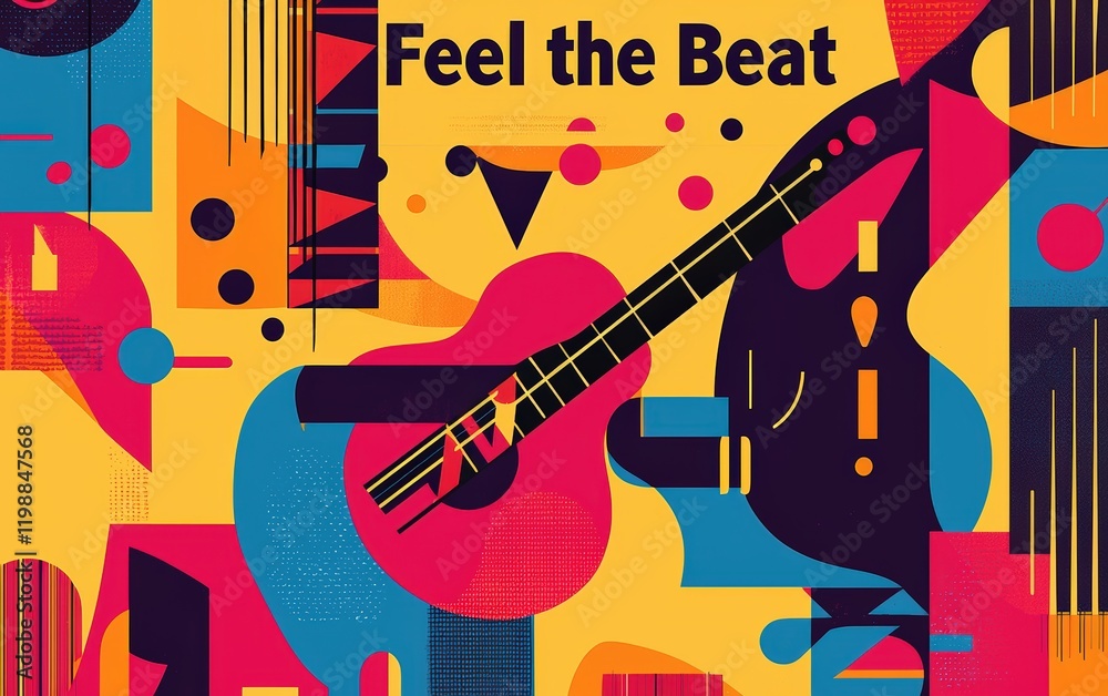 Obraz premium A vibrant poster for a music festival, showcasing colorful abstract shapes and a guitar silhouette, with Feel the Beat in bold lettering at the top