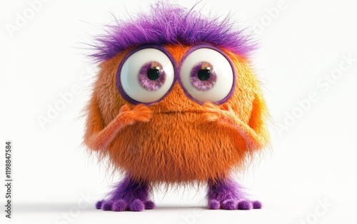 Adorable orange and purple fluffy monster with giant eyes, standing on a stark white background