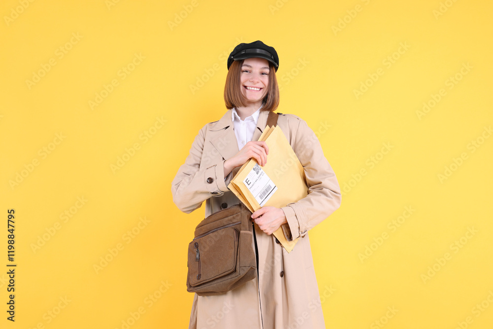 Fototapeta premium Happy postwoman with bag and envelopes on yellow background