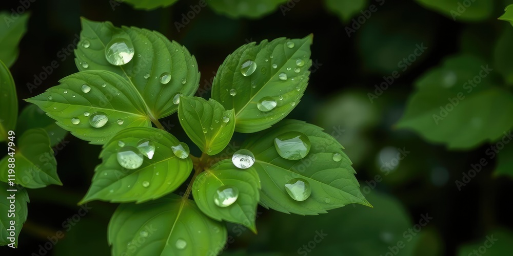 A cluster of centella asiatica leaves with multiple small raindrops on the surface, water droplets, Asian medicinal herb A cluster of centella asiatica leaves with multiple small raindrops on the surface, water droplets, Asian medicinal herb