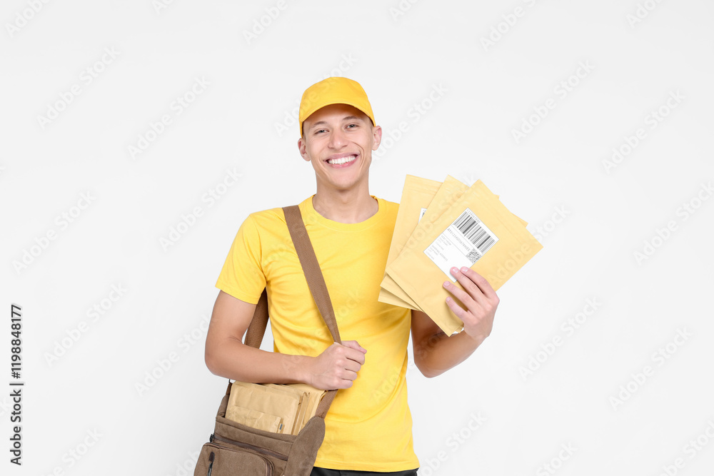 Happy postman with bag and envelopes on white background Happy postman with bag and envelopes on white background