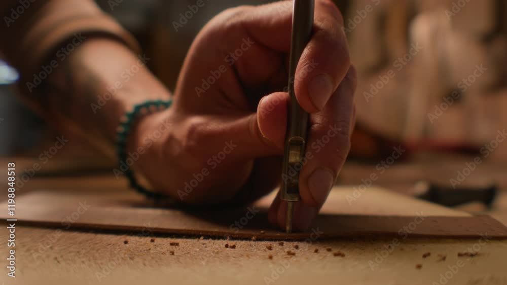 Cropped close up shot of skillful craftsperson making precise holes in leather detail for artisan product using punch and hammer working in dim lit professional studio Cropped close up shot of skillful craftsperson making precise holes in leather detail for artisan product using punch and hammer working in dim lit professional studio