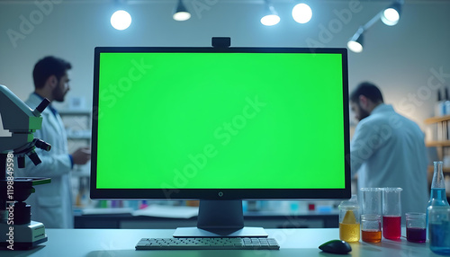 desktop computer with green screen in laboratory setting, showcasing modern workspace. atmosphere is focused and professional