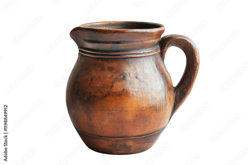 Handcrafted ceramic jug with a rustic finish displayed on a white background Handcrafted ceramic jug with a rustic finish displayed on a white background