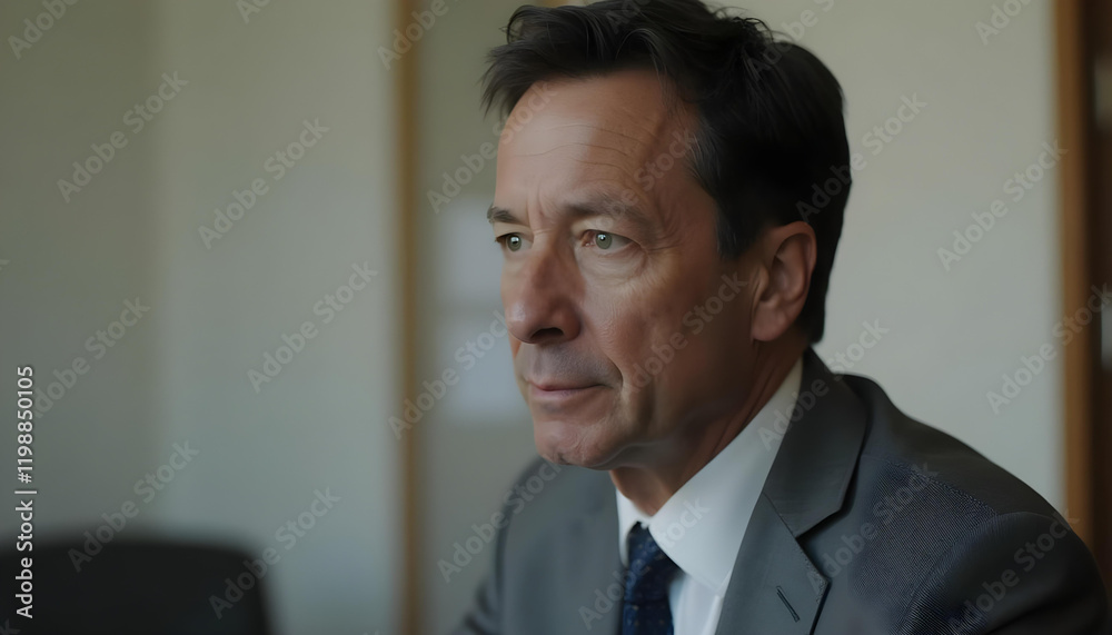 middle aged man in gray suit looks thoughtfully out of window, reflecting on important decisions middle aged man in gray suit looks thoughtfully out of window, reflecting on important decisions