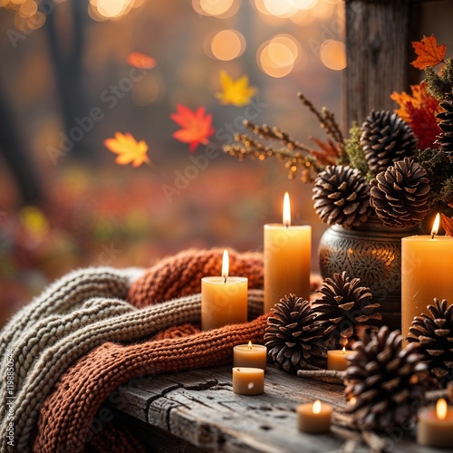 Cozy autumn candlelit scene with warm knit textures and pinecones