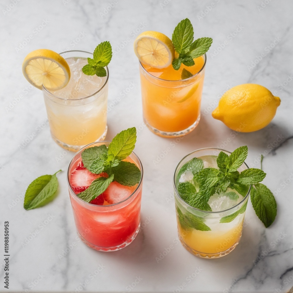 Three glasses of refreshing summer drinks with lemon slices, mint leaves, and other fruit garnishes on a marble surface Three glasses of refreshing summer drinks with lemon slices, mint leaves, and other fruit garnishes on a marble surface