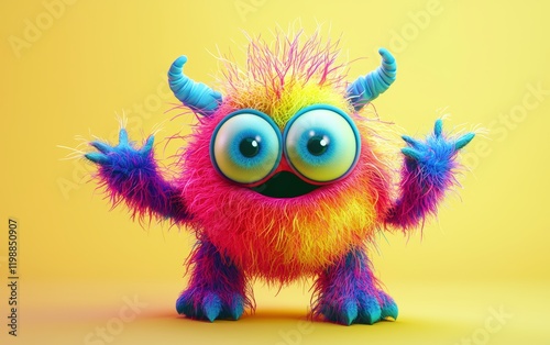 Cute multi-colored 3D monster with soft textures and small arms, placed on a pastel lime background