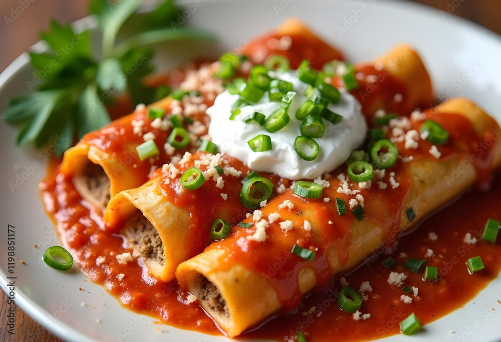 Delicious baked enchiladas in tomato sauce topped with green onions and sour cream, perfect for comforting meal Delicious baked enchiladas in tomato sauce topped with green onions and sour cream, perfect for comforting meal