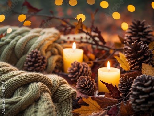 Cozy autumn candlelit scene with warm knit textures and pinecones photo