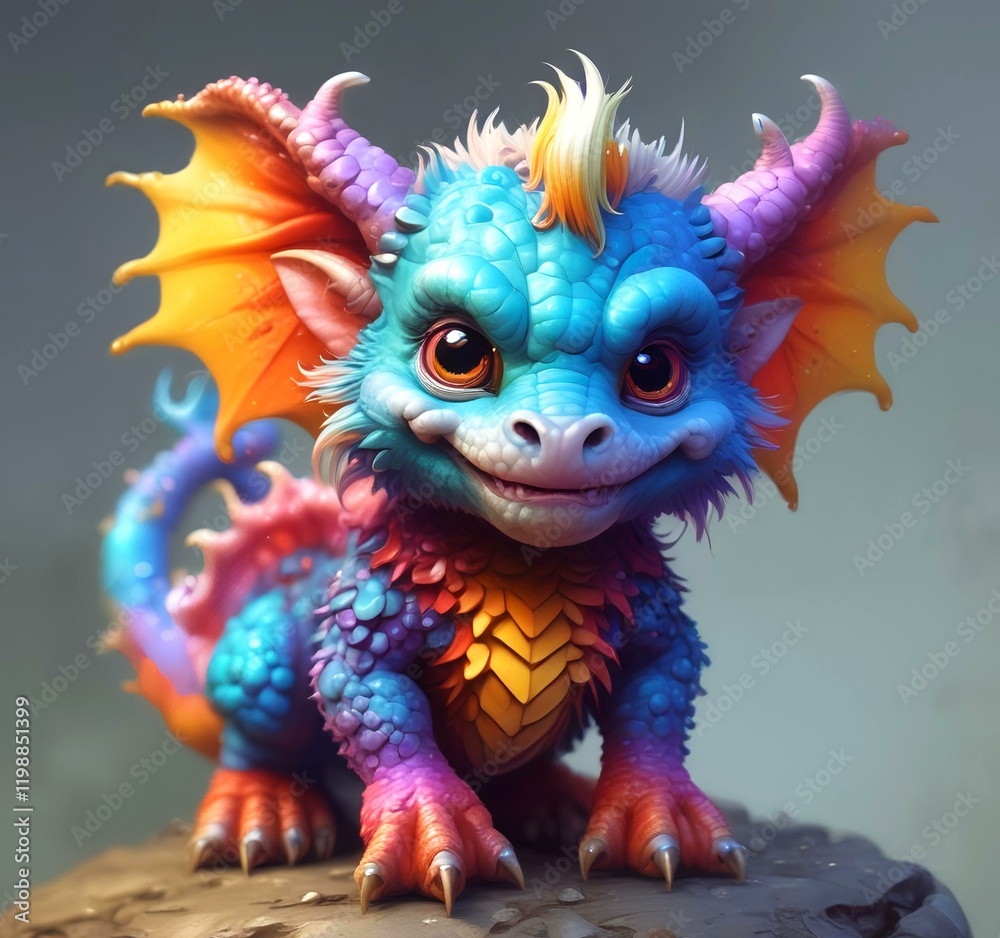 Illustration of fluffy tiny dragon baby. Illustration of fluffy tiny dragon baby.