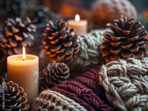 Cozy autumn candlelit scene with warm knit textures and pinecones photo