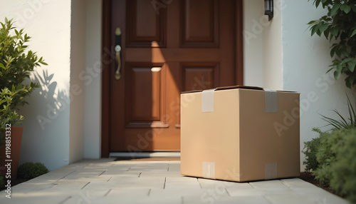 large cardboard box placed at entrance of home, surrounded by greenery, evokes sense of anticipation and delivery