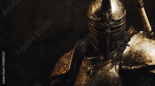 A lone ancient warrior with a crest helmet and full armor standing stoically under dramatic lighting on a plain background