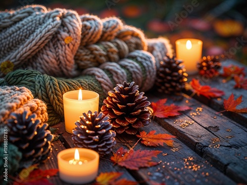 Cozy autumn candlelit scene with warm knit textures and pinecones photo