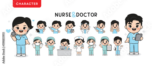 Cute cartoon illustrations of nurses and doctors in various medical roles and activities. They are depicted wearing scrubs, using medical tools like stethoscopes and syringes, and performing tasks suc