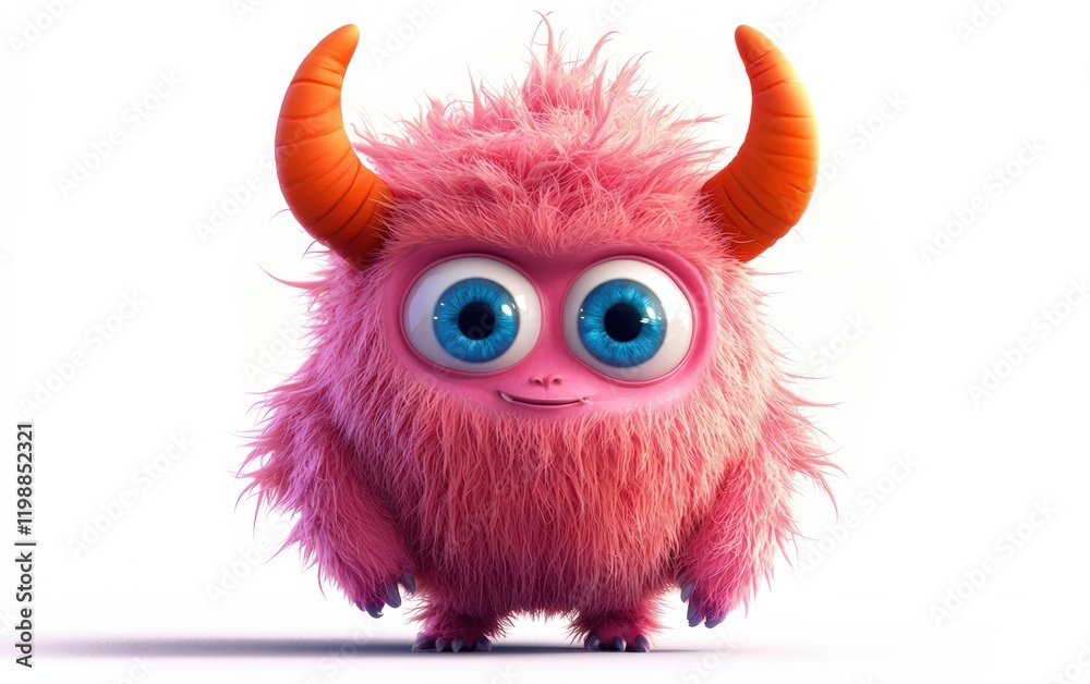 Fototapeta premium Fluffy pink monster with bright orange horns and big blue eyes, standing on a bright white background