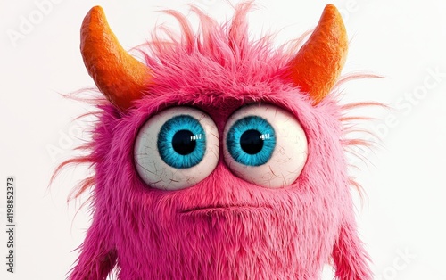 Fluffy pink monster with bright orange horns and big blue eyes, standing on a bright white background