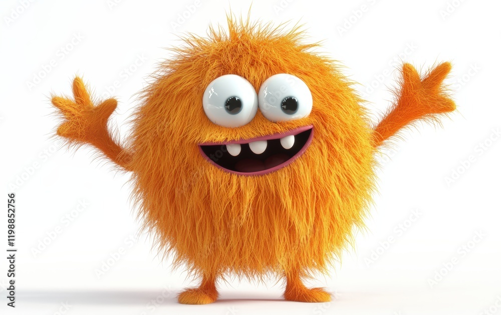 Cute furry orange monster, 3D cartoon character, with a round body and floppy arms, isolated on white background
