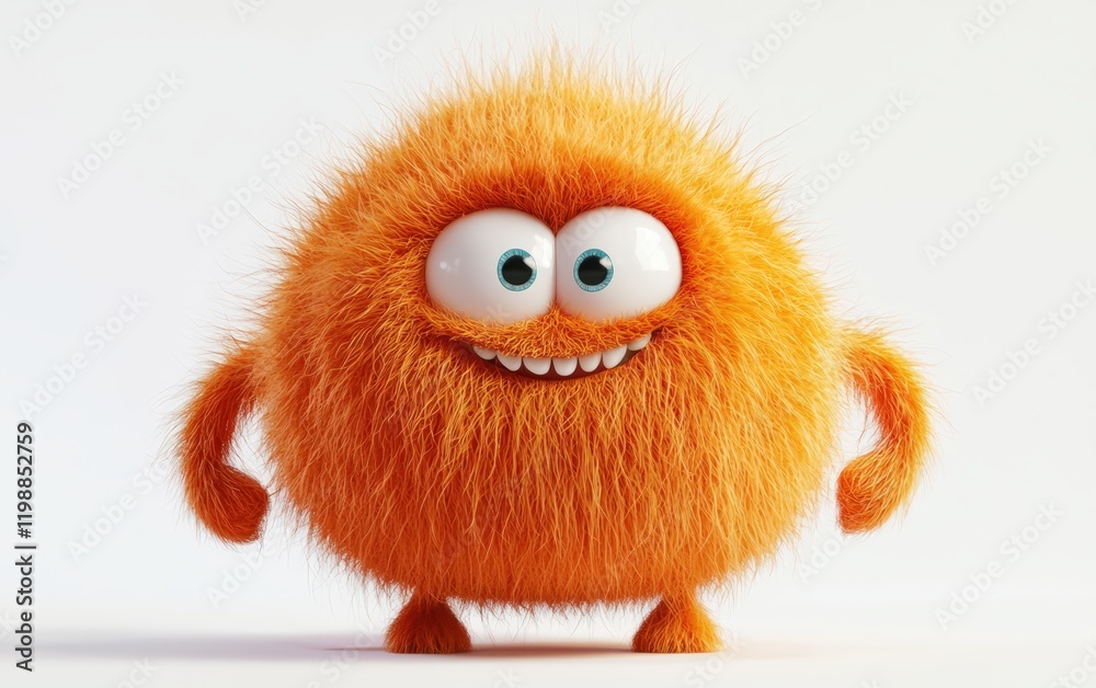 Fototapeta premium Cute furry orange monster, 3D cartoon character, with a round body and floppy arms, isolated on white background