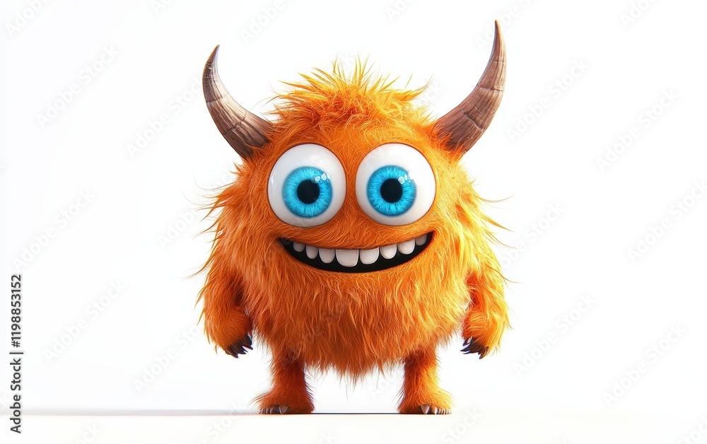Naklejka premium funny Fluffy bright monster with horns and big blue eyes, cartoon charachter standing on a bright white background