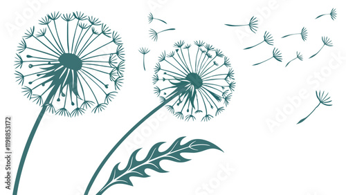 Dandelions Watercolor Illustration with Breeze Effect on Transparent Background. Perfect for: Spring, Nature