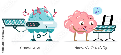 AI brain vs human brain in compose a music . Cartoon character . Vector .