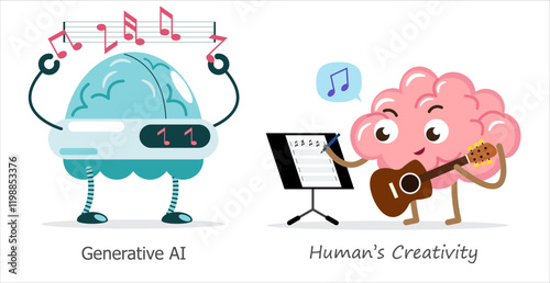 AI brain vs human brain in compose a music . Cartoon character . Vector .