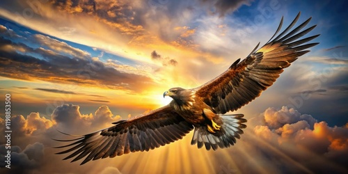 A majestic golden eagle soaring through the sky with outstretched wings, aerial, feathers, eagle, outdoors