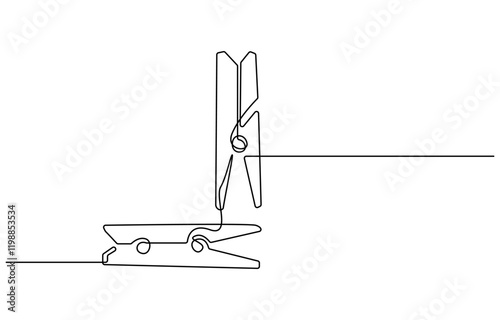 illustration of clothespin one continuous line art, Wooden clothespin in one continuous line drawing vector illustration