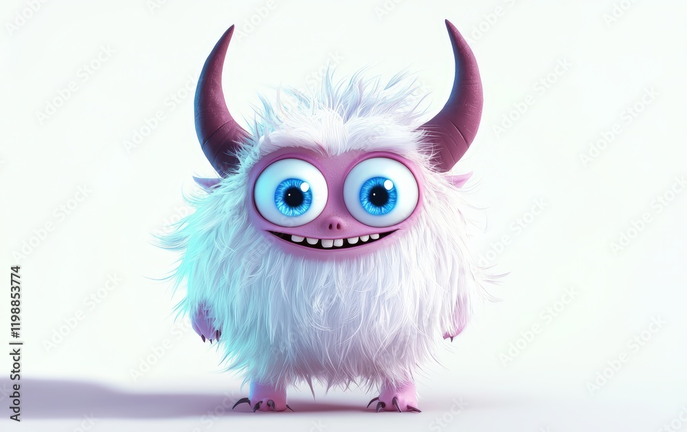 Naklejka premium funny Fluffy bright monster with horns and big blue eyes, cartoon charachter standing on a bright white background
