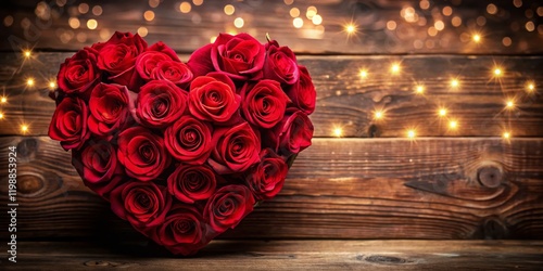 Heart Shaped Red Rose Arrangement on Dark Wood Background - Romantic Stock Photo