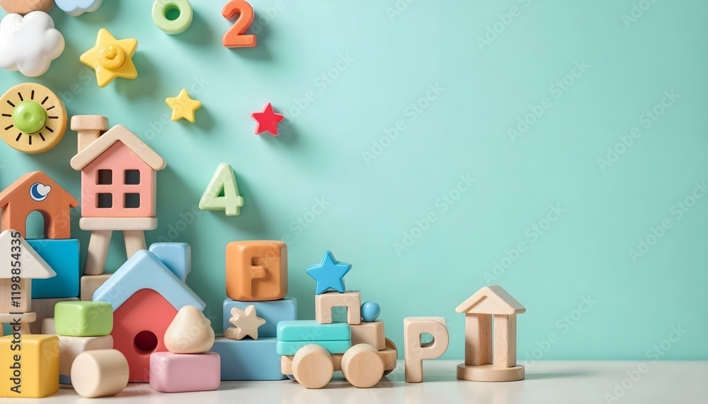 Fototapeta premium A lively wooden toy train paired with blocks on a blue backdrop, ideal for educational play in preschool and kindergarten settings