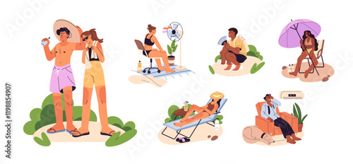 People suffer from summer heat indoors and outdoors set. Men and women sweat, get heatstroke, sunstroke because of hot weather, high temperature, heatwave. Flat isolated vector illustrations on white